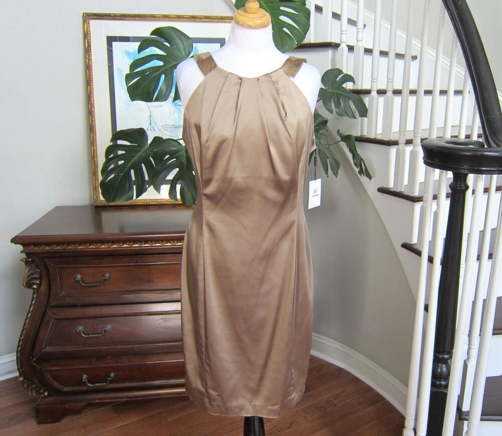 Calvin Klein Brown Shiny Satin Sheath Dress Ruched Sequin Straps Size 12 New!